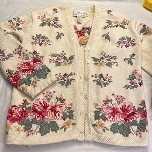 Vintage Cream Knitted Textured Floral Cardigan Sweater SZ SP Cottagecore Boho